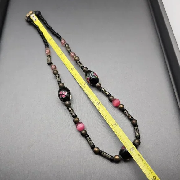 VTG Hand-Blown Lampwork Glass Bead Necklace 16" Floral Motifs Mixed Media - Picture 11 of 12